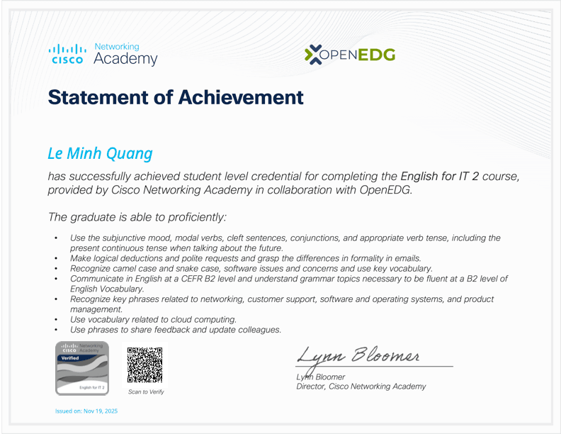 English for IT 2 (B2 Level) certificate