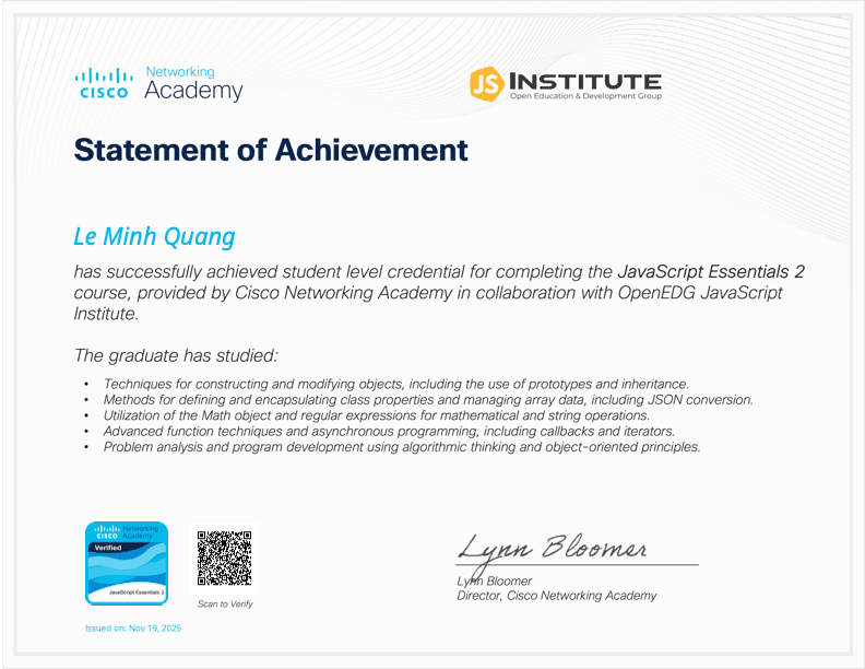JavaScript Essentials 1 certificate