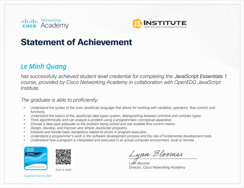 JavaScript Essentials 2 certificate